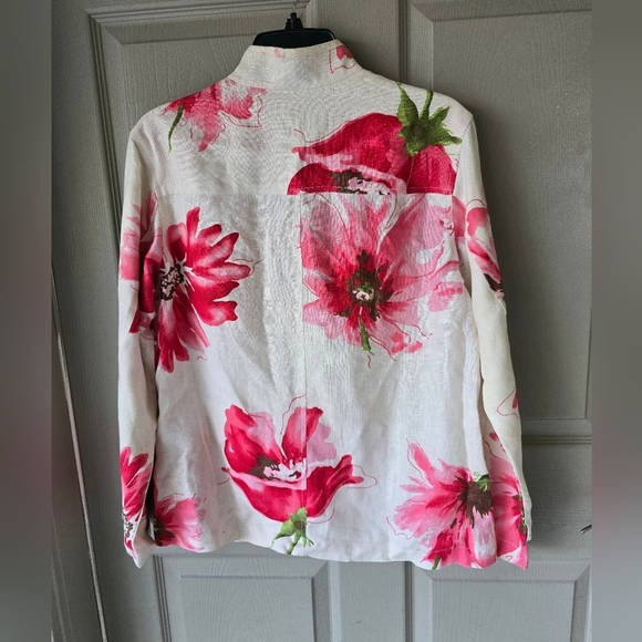 Chico's Floral 100% Linen Shirt Pink Green Long Sleeve ButtonUp Coastal - Picture 10 of 14